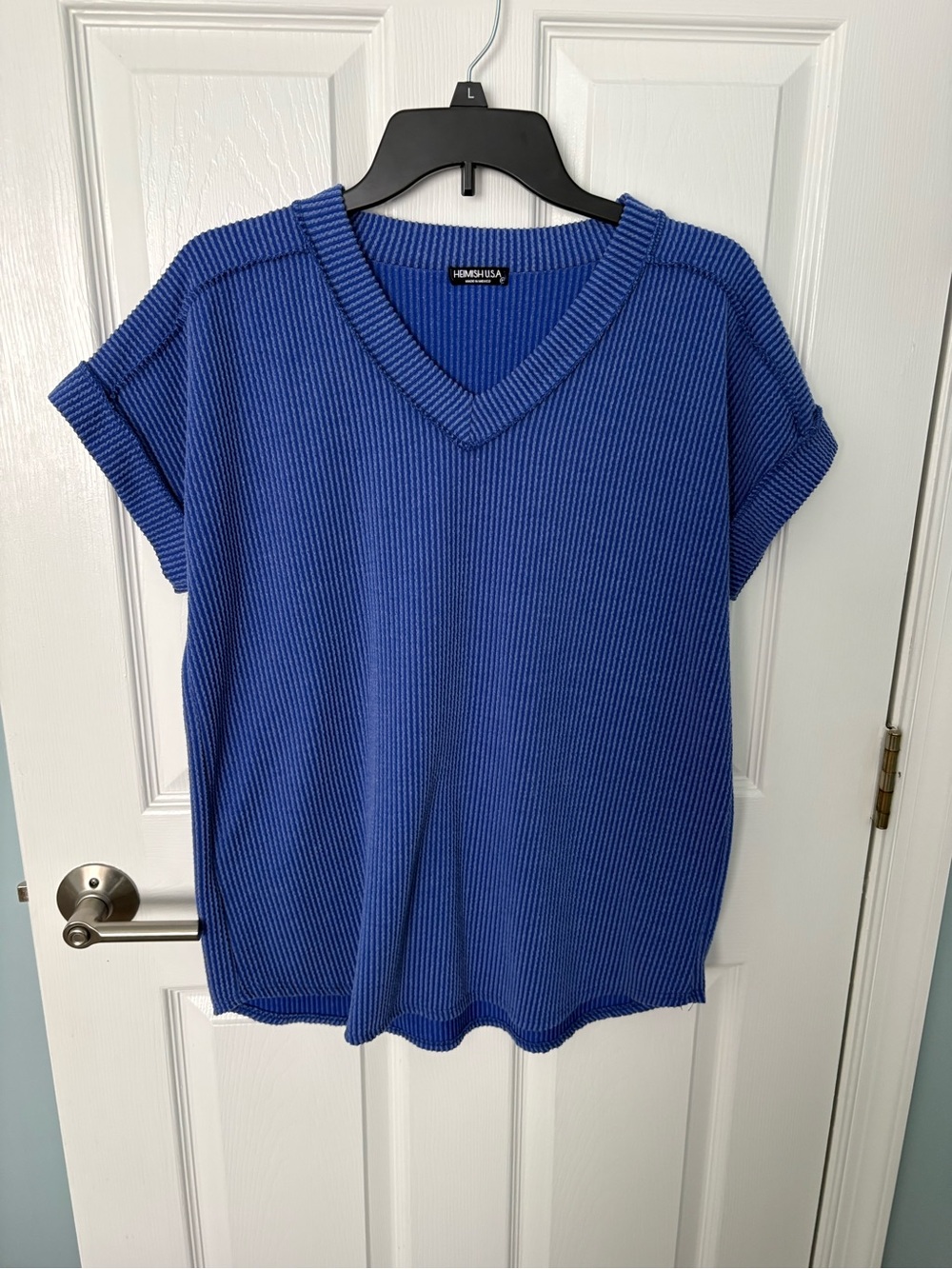 Short Sleeve V-Neck Knit Top in Royal Blue by Hemish Brand, size medium